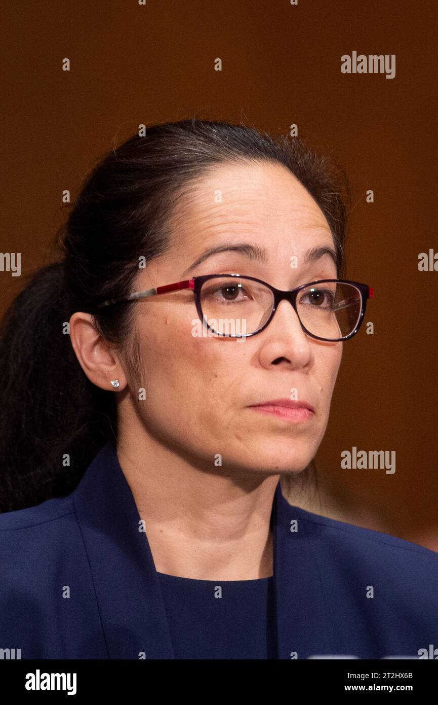 Washington, Vereinigte Staaten. 19 octobre 2023. Jennifer L. Fain comparaît devant une audience du Comité sénatorial des banques, du logement et des affaires urbaines pour sa nomination à titre d’inspecteur général de la Federal Deposit Insurance Corporation, dans l’édifice du Sénat Dirksen à Washington, DC, le jeudi 19 octobre 2023. Crédit : Rod Lamkey/CNP/dpa/Alamy Live News Banque D'Images