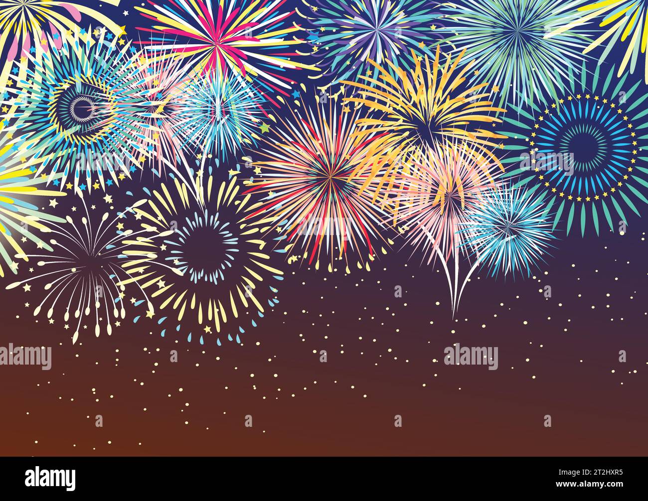 Feu d'artifice coloré festif éclate dans diverses formes abstraites étincelantes à la nuit ciel illustration vectorielle plate de fond Illustration de Vecteur