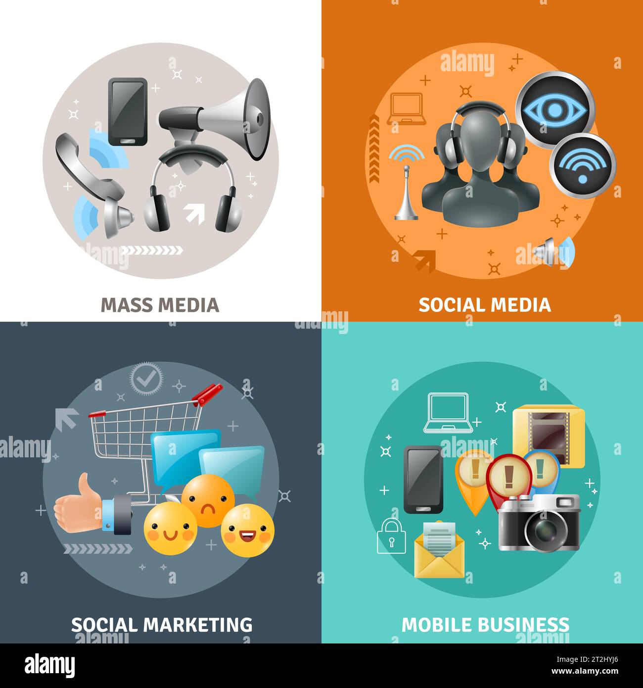 Concept de médias sociaux avec différentes façons de communiquer au moyen de l'illustration vectorielle de la technologie moderne Illustration de Vecteur