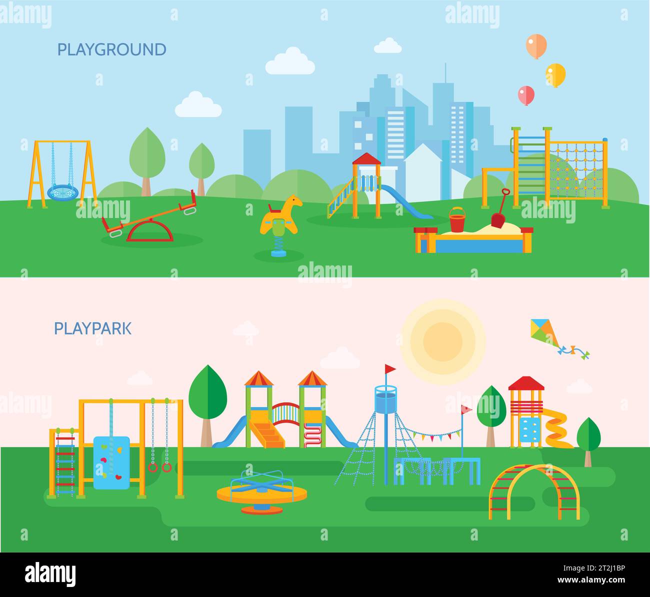 Deux banderoles horizontales pour le terrain de jeu avec des images plates de style dessin animé d'arbres d'équipement de parc de jeu et illustration vectorielle de paysage Illustration de Vecteur