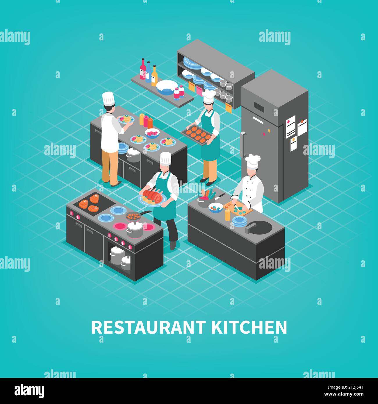 Food court concept avec mobilier isométrique de cuisine de restaurant et cuisine équipiers personnages sans visage pendant le processus de cuisson illustration vectorielle Illustration de Vecteur