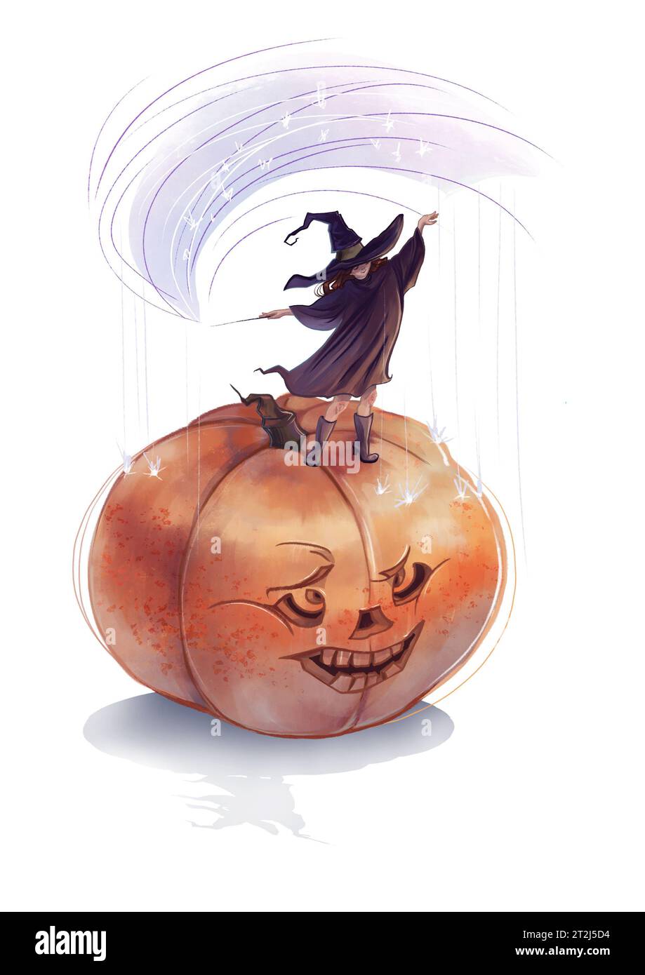 Halloween Illustration avec la sorcière faisant de la magie debout sur la citrouille grinçante Banque D'Images