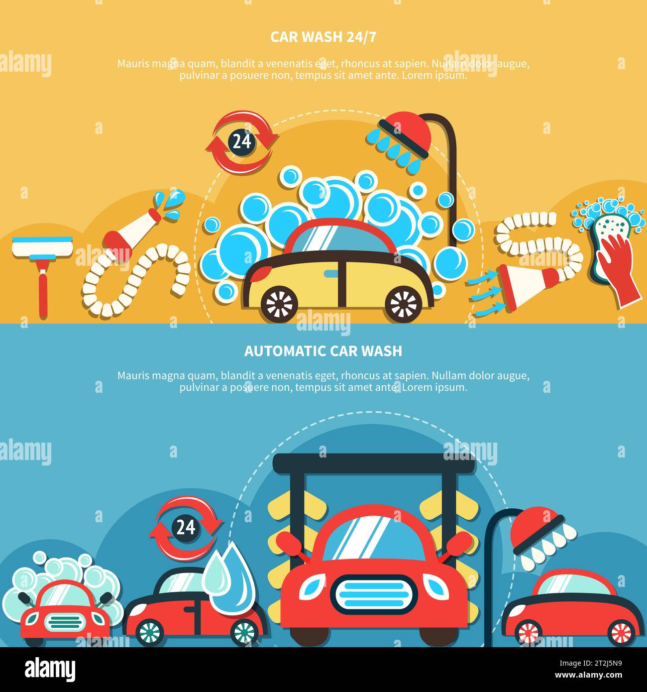 Ensemble de deux bannières horizontales de lavage de voiture avec des images de style Doodle de lavage de voitures gouttes d'eau illustration vectorielle Illustration de Vecteur