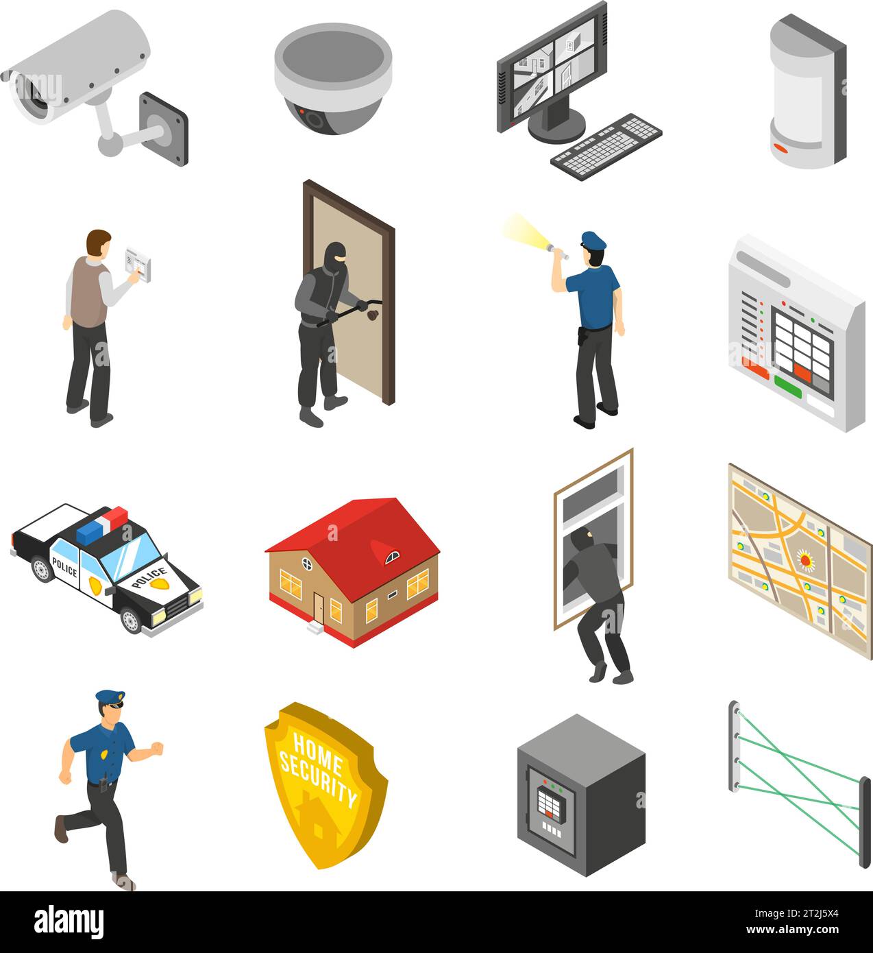 Service de système de sécurité à domicile collection d'éléments isométriques avec caméra de surveillance et officier de police abstrait icônes isolées illustration vectorielle Illustration de Vecteur