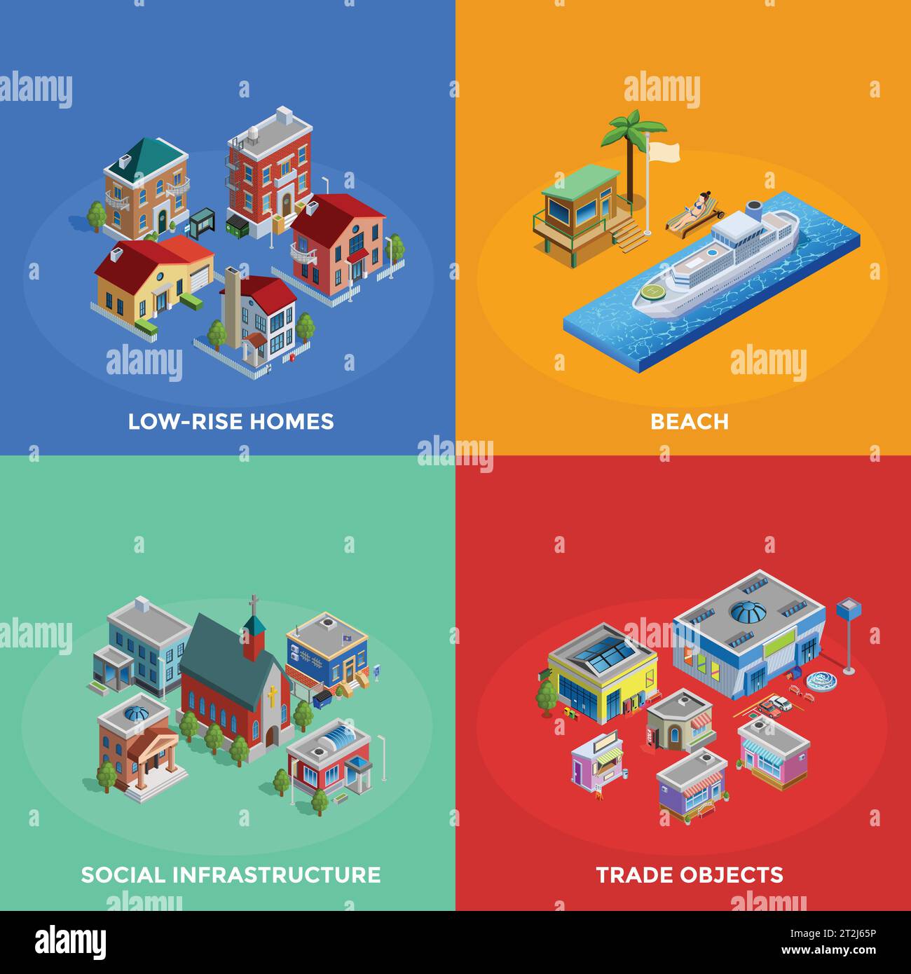 Ville isométrique 2x2 icônes avec des bâtiments bas et historiques plage et commerce d'objets sur fond coloré illustration vectorielle isolée Illustration de Vecteur