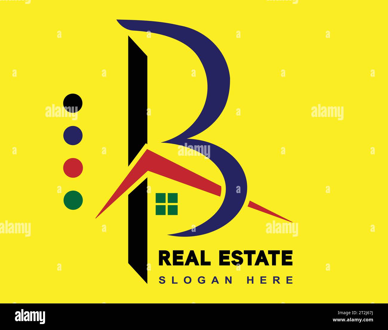 Conception de logo vectoriel immobilier. Logo Bâtiment Immobilier logo. Bleu, rouge, noir et vert couleur, fond jaune. Illustration de Vecteur