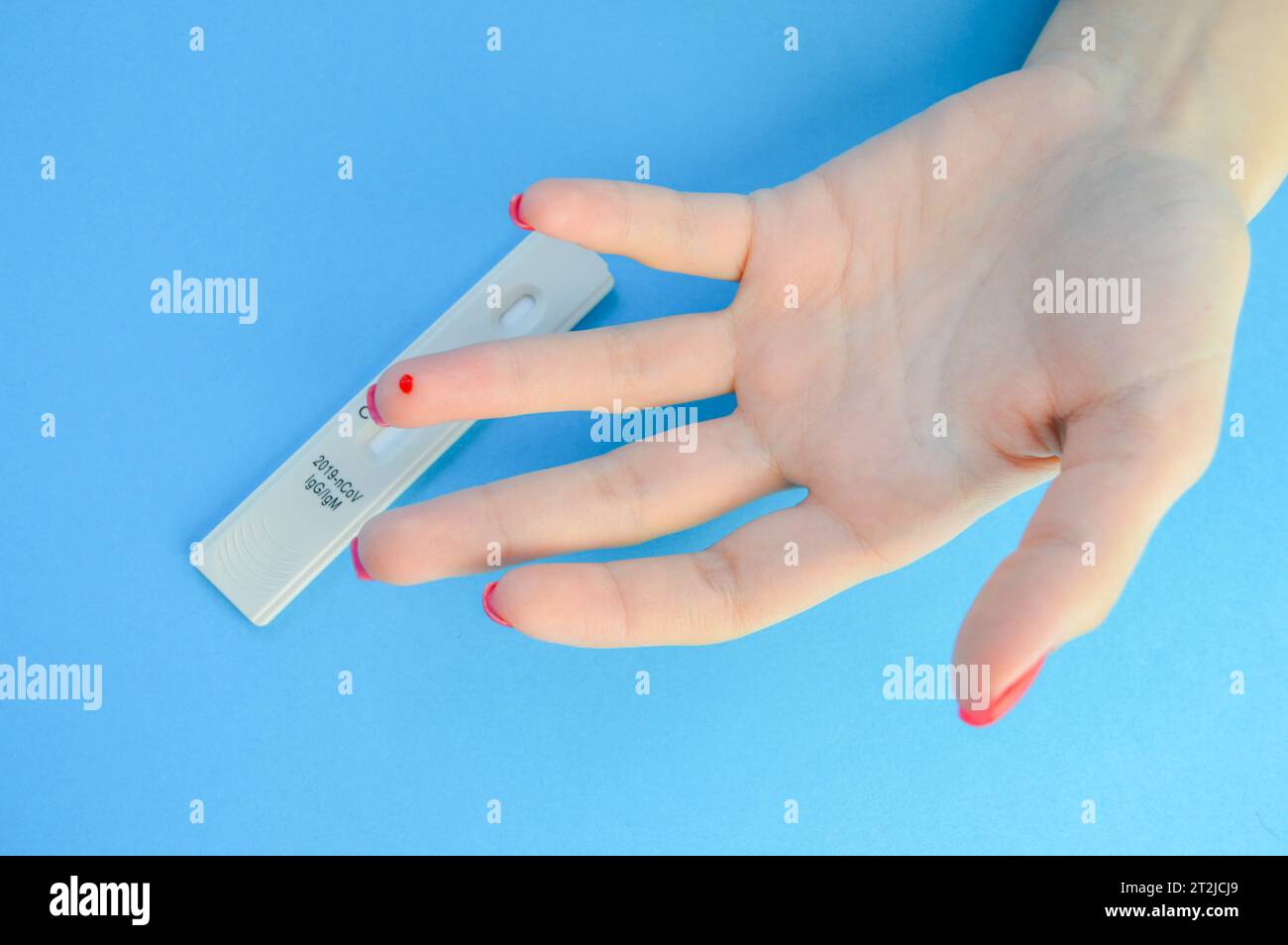 test sanguin pour le diagnostic du coronavirus. une fille avec une manucure rouge vif a une goutte de sang sur son annulaire. ponction des doigts de lancet, maison ra Banque D'Images