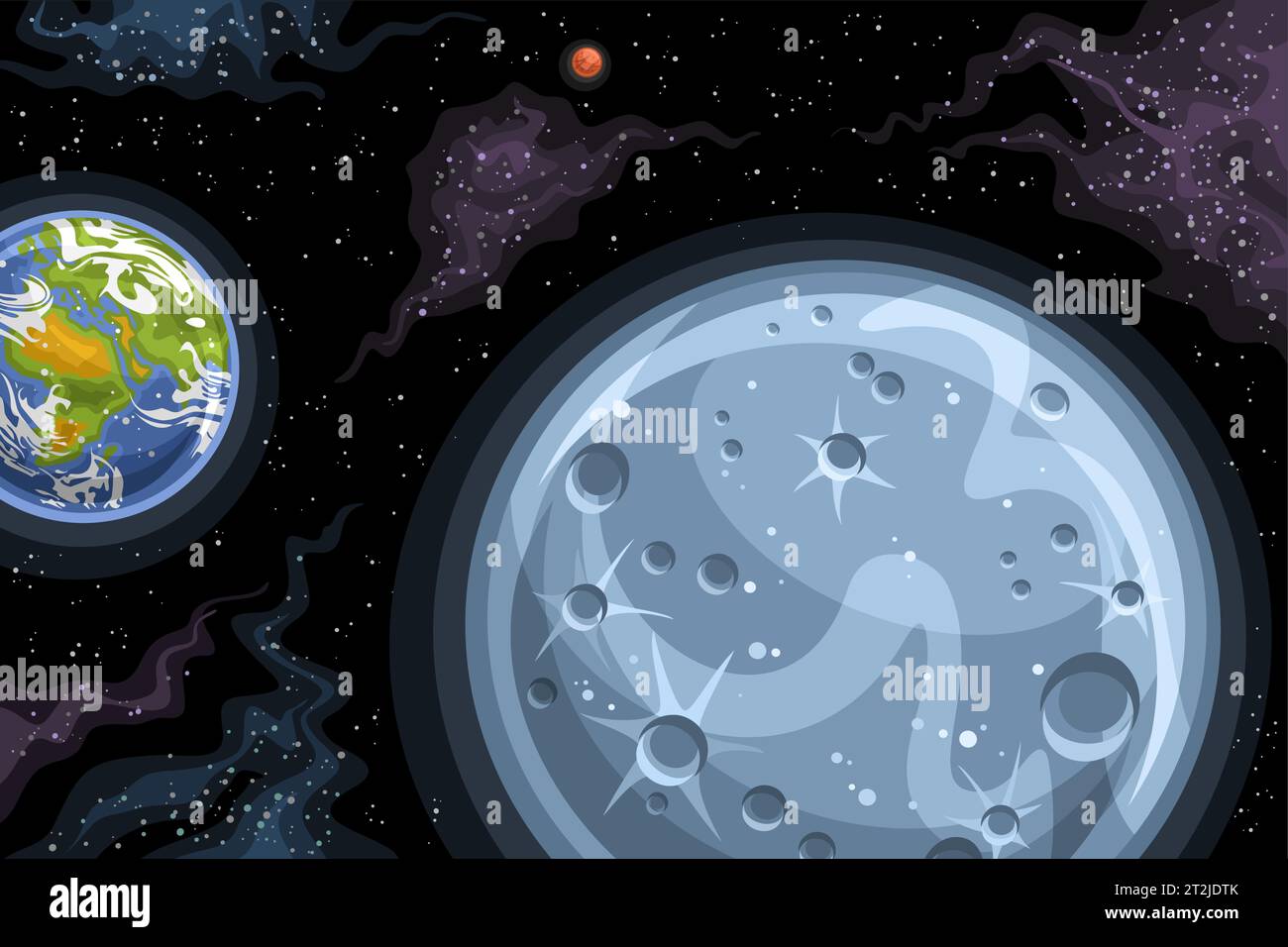 Vector Fantasy Space Chart, affiche horizontale astronomique avec dessin animé orbitant le satellite de lune de pierre sur la planète Terre dans l'espace profond, décorat Illustration de Vecteur