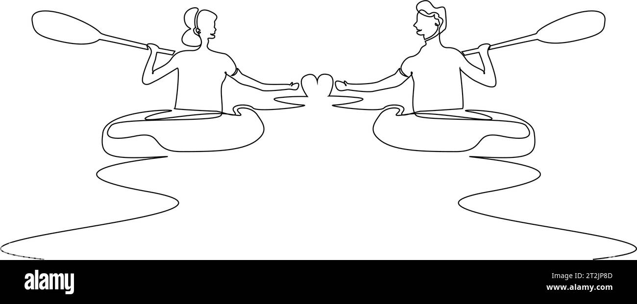 jeune couple en amour canoë kayak bateau activité amour coeur icône simple design d'art de ligne Illustration de Vecteur