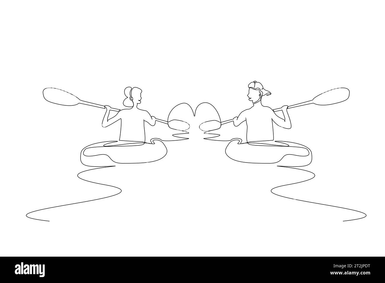 jeune couple en amour canoë kayak bateau activité amour coeur icône simple design d'art de ligne Illustration de Vecteur