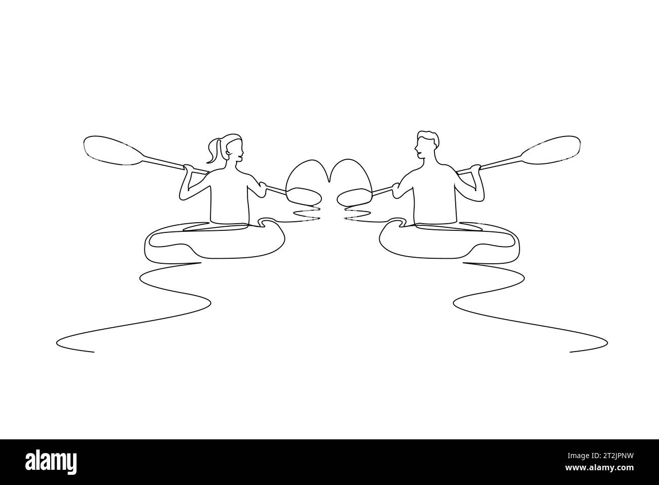 jeune couple en amour canoë kayak bateau activité amour coeur icône simple design d'art de ligne Illustration de Vecteur