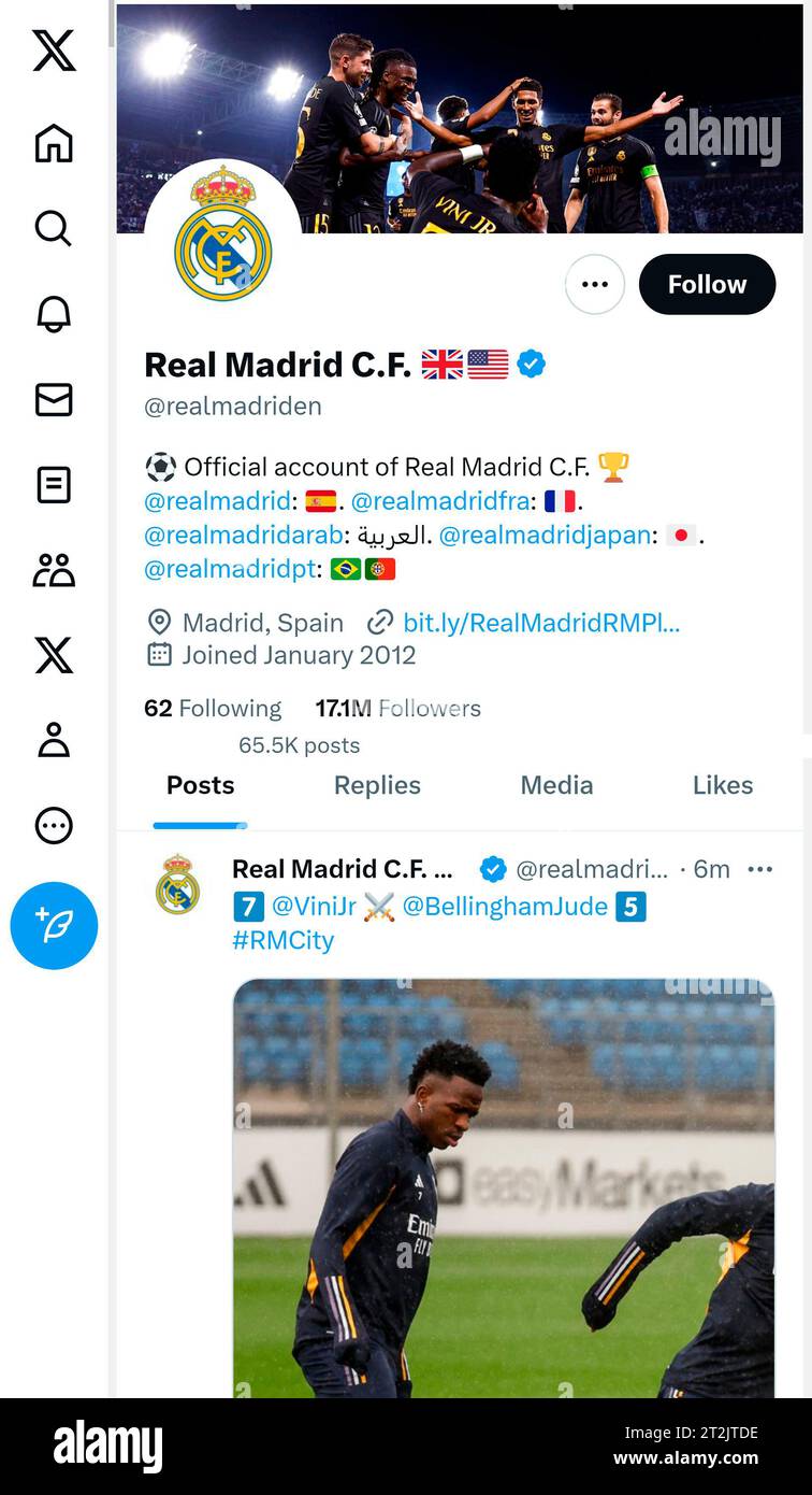 'X' - anciennement Twitter - page (Oct 2023) du club de football du Real Madrid Banque D'Images