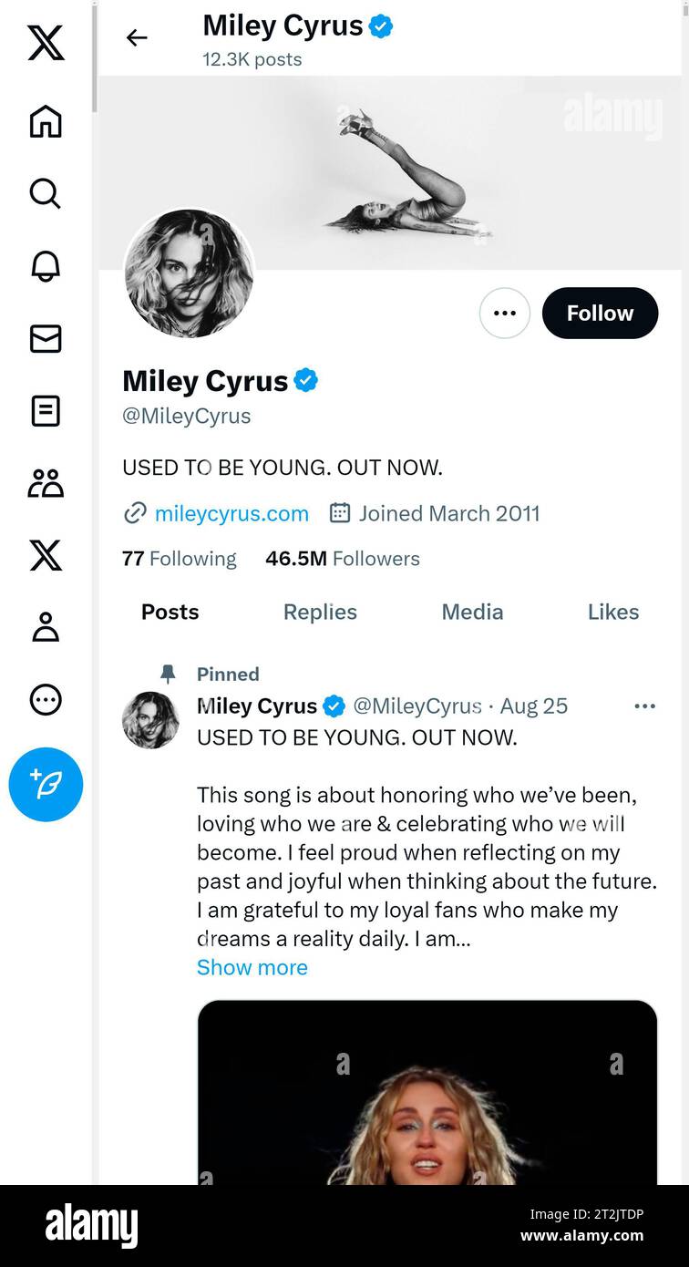'X' - anciennement Twitter - page (Oct 2023) de Miley Cyrus Banque D'Images