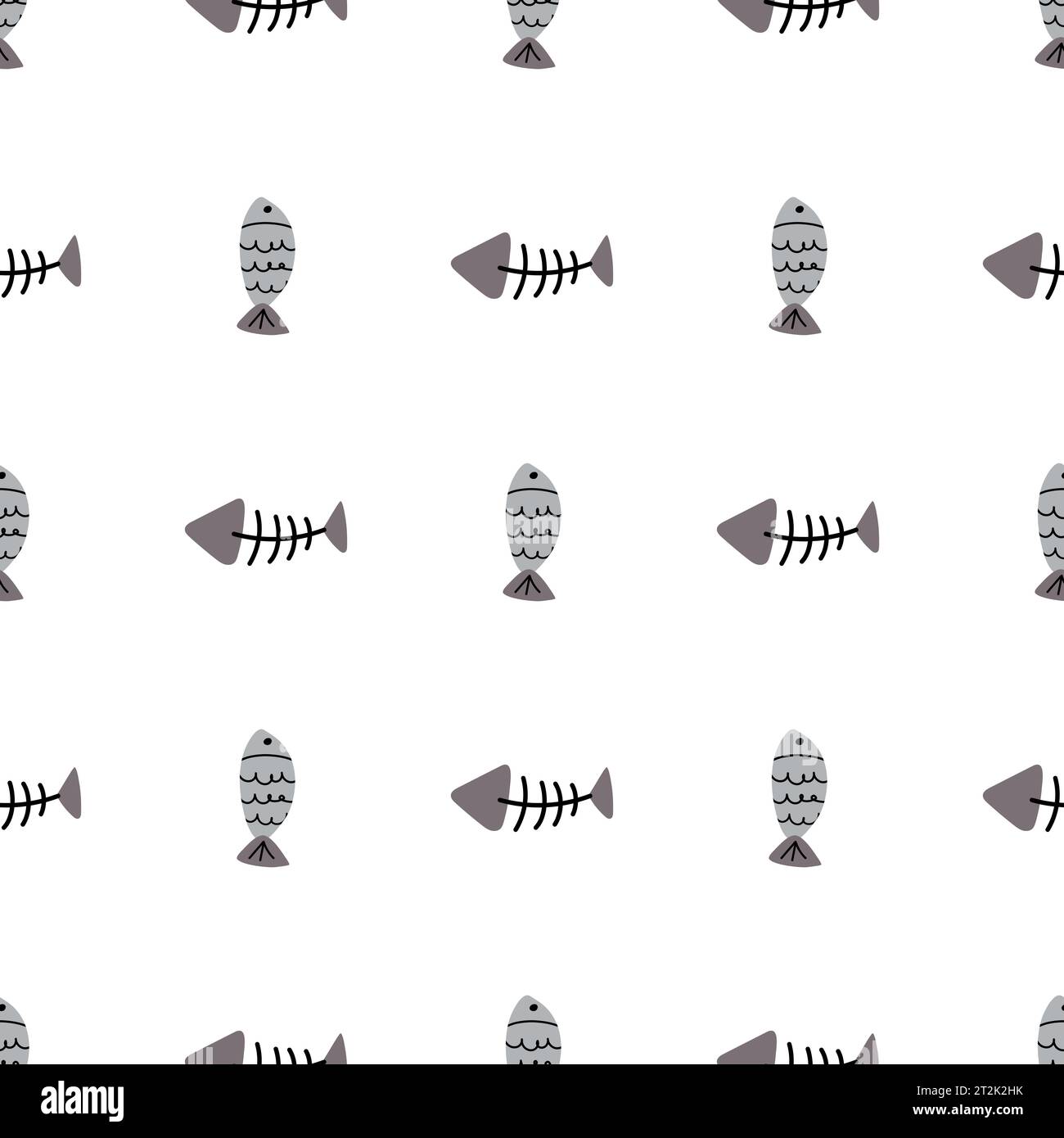 Dessin à la main de vecteur chat dessin sans couture de poisson de dessin animé et motif d'os de poisson Illustration de Vecteur
