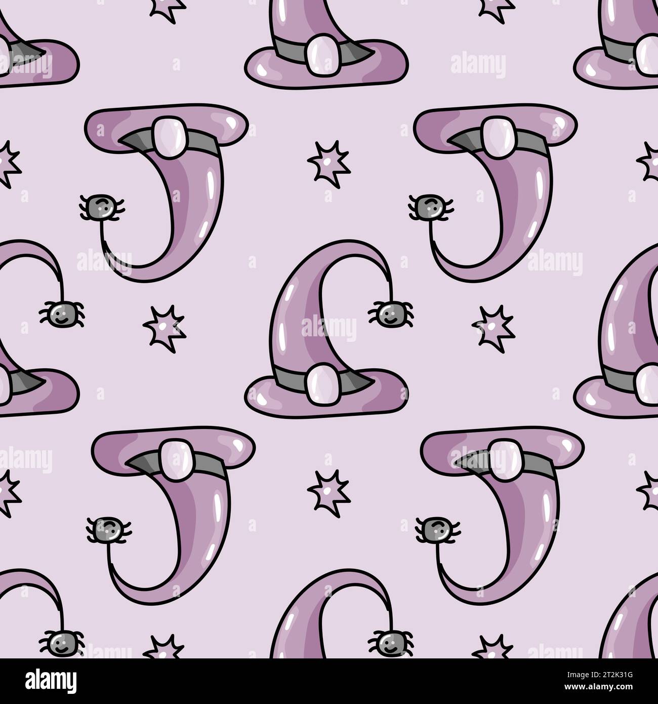 Motif sans couture mignon dessiné à la main avec chapeau de sorcière de dessin animé et araignée dans la conception doodle Illustration de Vecteur
