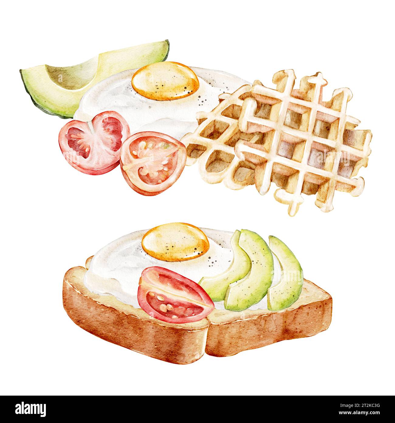 Sandwich aquarelle avec œufs brouillés, avocat, tomates, gaufres croustillantes. Illustration dessinée à la main sur un fond blanc isolé pour le menu du petit déjeuner, Banque D'Images