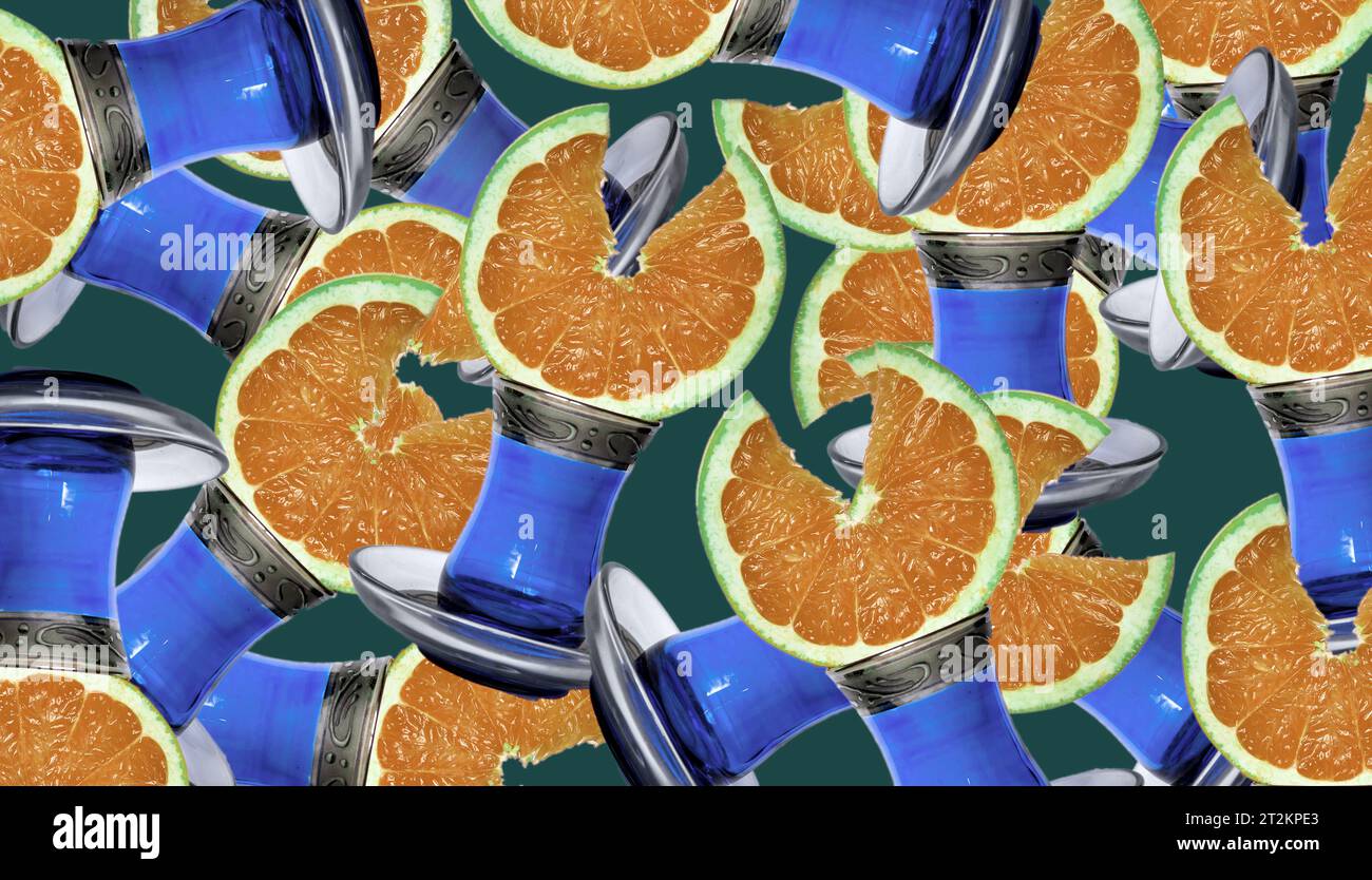 Le papier peint à motif collage abstrait créatif est créé en utilisant un élément répétitif - une tranche de pamplemousse sur une tasse à thé turque traditionnelle. Une belle, Banque D'Images