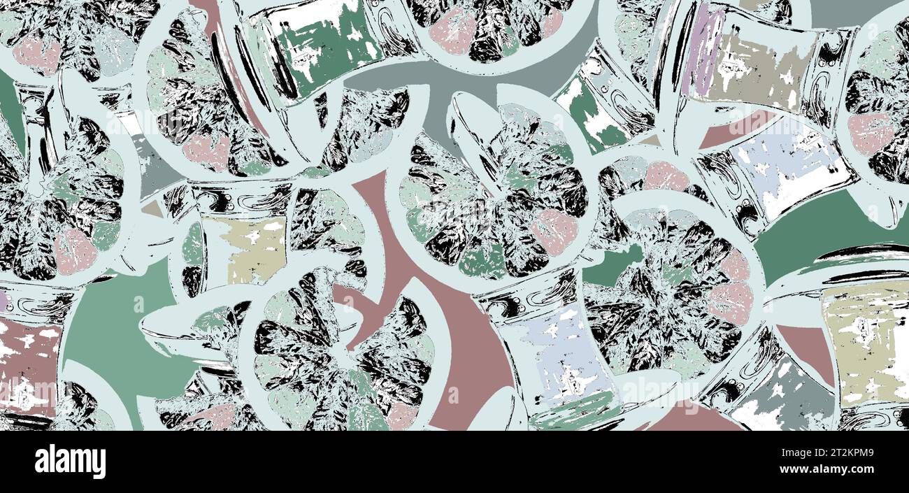 Le papier peint à motif collage abstrait créatif est créé en utilisant un élément répétitif - une tranche de pamplemousse sur une tasse à thé turque traditionnelle. Une belle, Banque D'Images