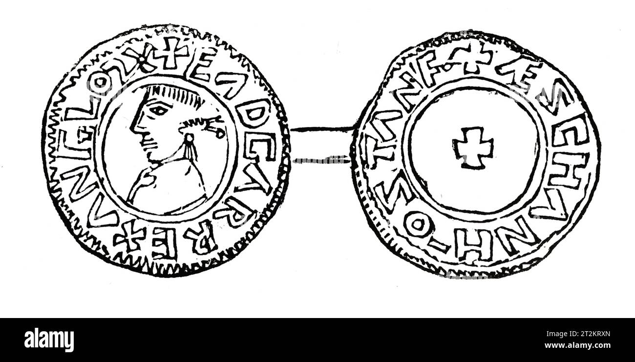 Dessin d'un Penney en argent du règne du roi Eadgar d'Angleterre. 10e siècle. Illustration en noir et blanc de la 'Vieille Angleterre' publiée par James Sangster en 1860. Banque D'Images