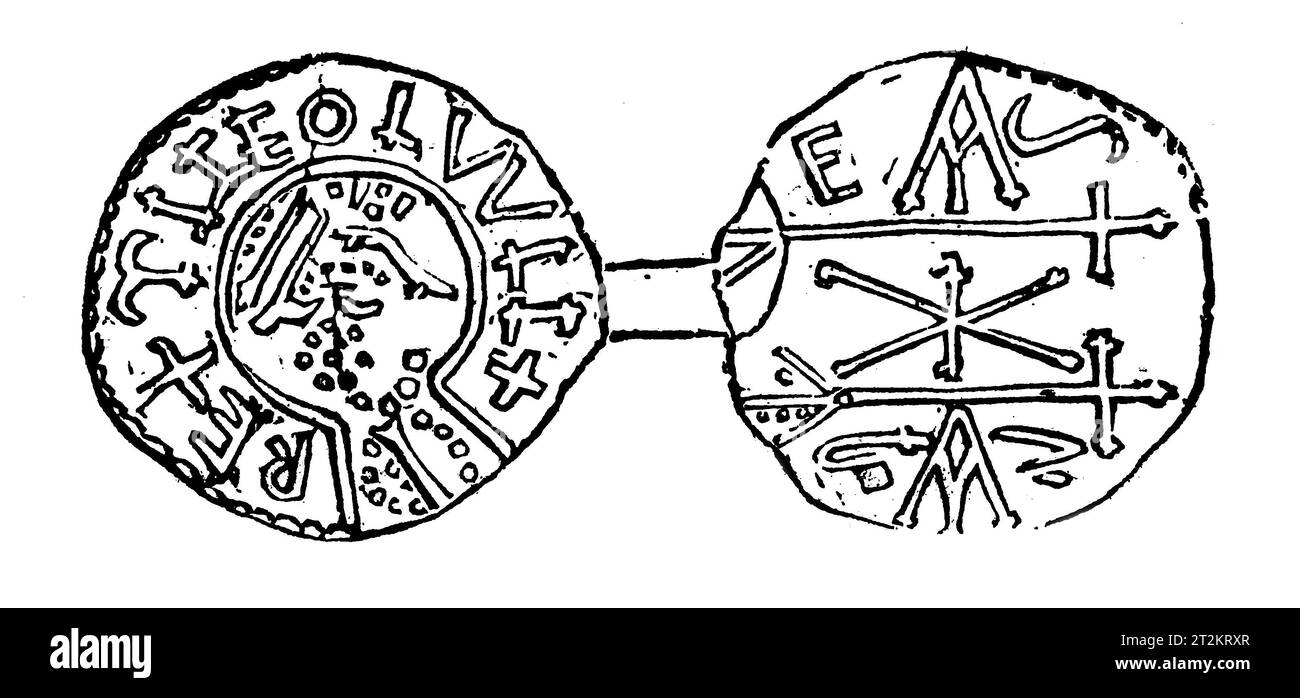 Dessin d'une penny en argent du règne du roi Coelwulf de Mercie ; 9e siècle. Illustration en noir et blanc de la 'Vieille Angleterre' publiée par James Sangster en 1860. Banque D'Images