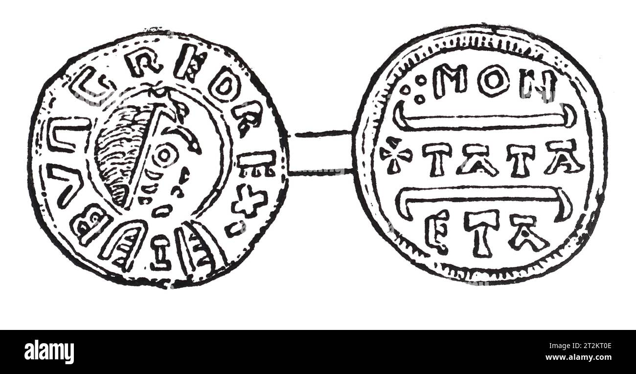 Dessin d'une penny en argent du règne du roi Burgred de Mercie ; 9e siècle. Illustration en noir et blanc de la 'Vieille Angleterre' publiée par James Sangster en 1860. Banque D'Images
