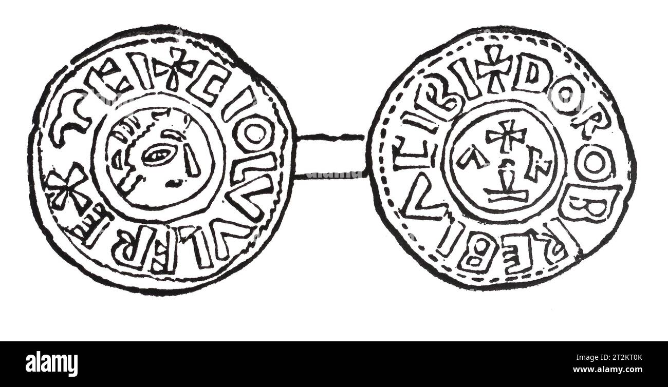 Dessin d'une penny en argent du règne du roi Coelwulf de Mercie ; Illustration en noir et blanc de la «vieille Angleterre» publiée par James Sangster en 1860. Banque D'Images