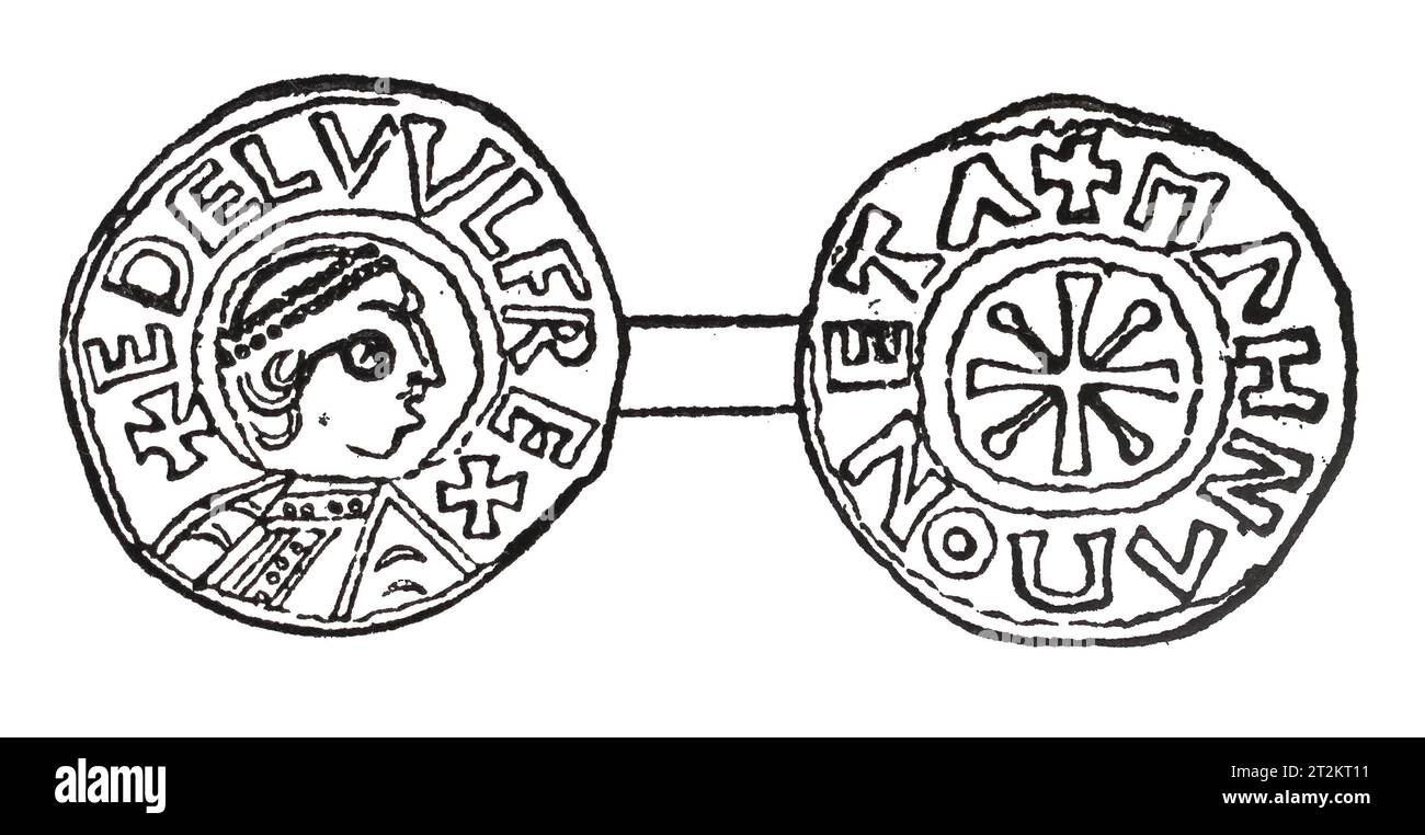 Dessin d'une penny en argent du règne du roi Aethelwulf ou Ethelwulf du Wessex ; 9e siècle. Illustration en noir et blanc de la 'Vieille Angleterre' publiée par James Sangster en 1860. Banque D'Images