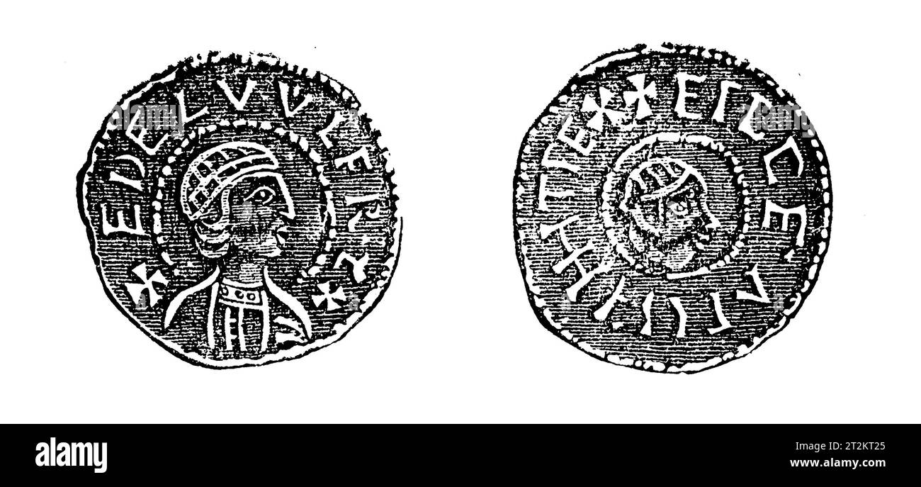 Monnaies saxonnes en argent : gauche Roi Ethelwulf & droite Roi Egbert. Dessin d'une penny en argent du règne du roi zzz Illustration en noir et blanc de la «Vieille Angleterre» publiée par James Sangster en 1860. Banque D'Images