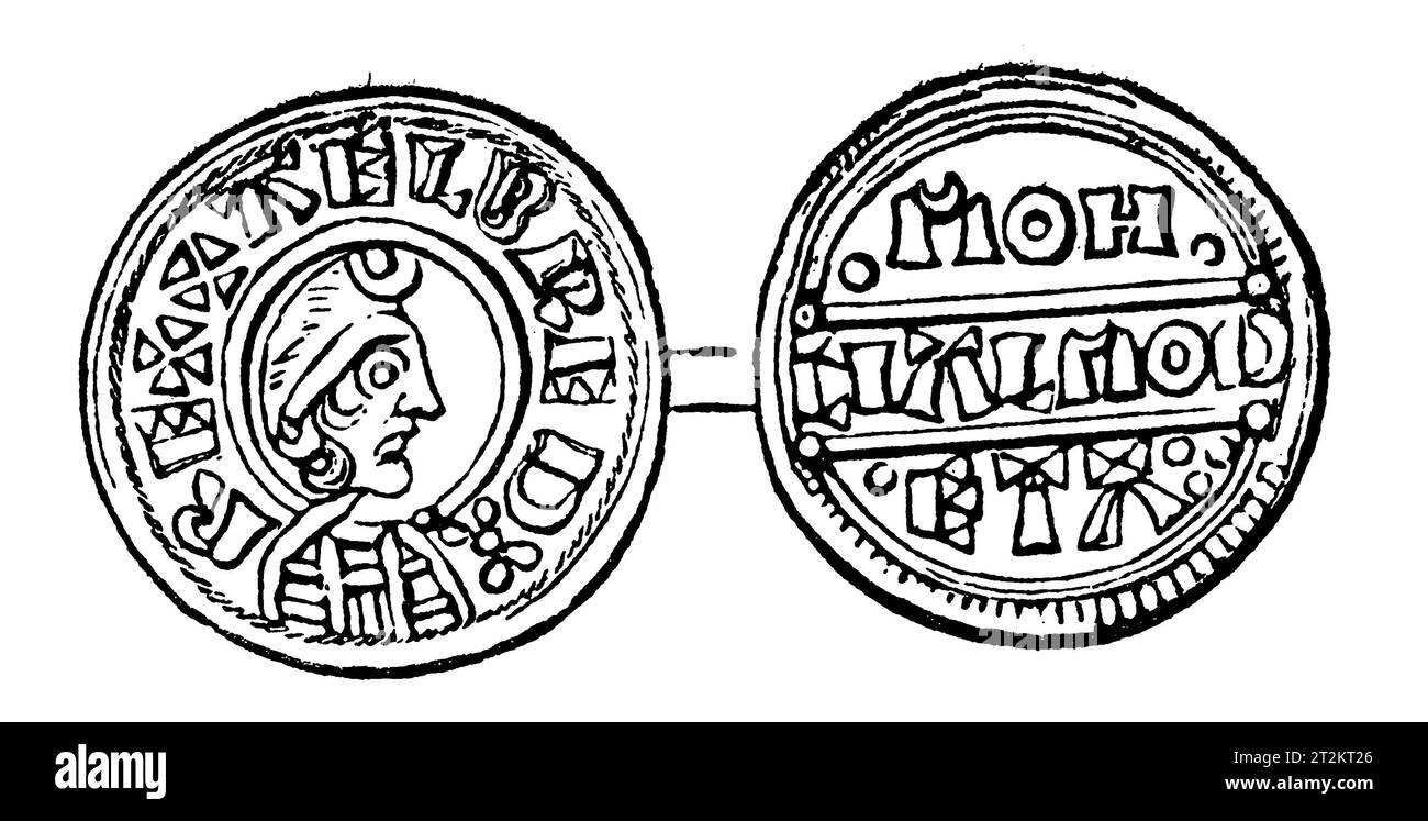 Dessin d'une penny en argent du règne du roi Alfred d'Angleterre. Illustration en noir et blanc de la 'Vieille Angleterre' publiée par James Sangster en 1860. Banque D'Images