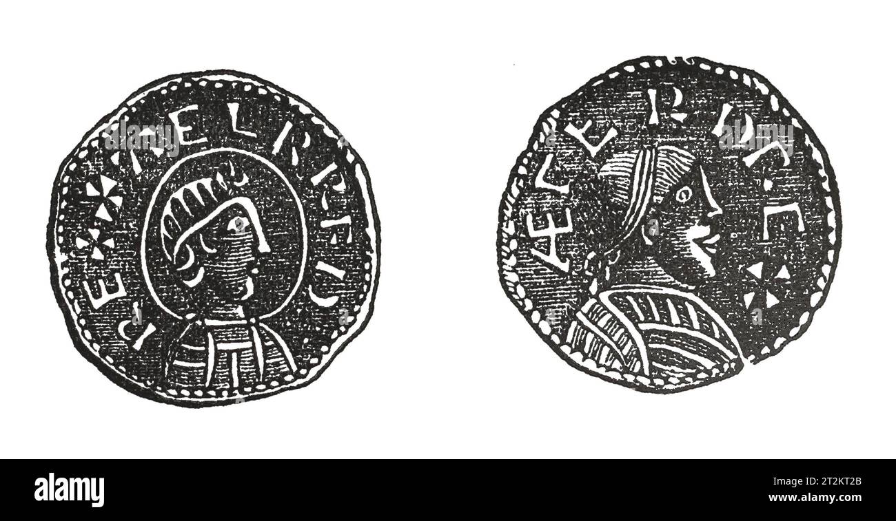 Dessin d'une penny en argent du règne du roi Alfred d'Angleterre. Illustration en noir et blanc de la 'Vieille Angleterre' publiée par James Sangster en 1860. Banque D'Images
