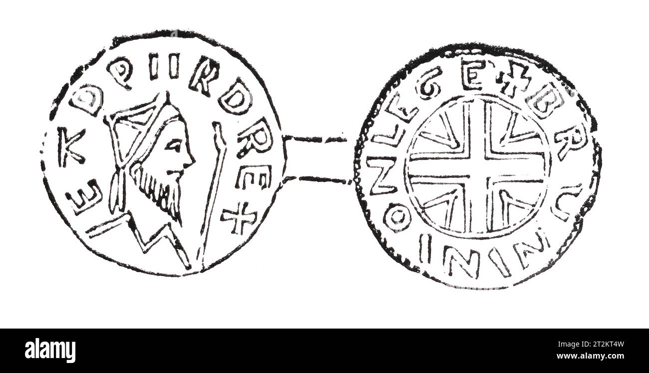 Dessin d'une Penny en argent du règne du roi Édouard le confesseur. 11e siècle. Illustration en noir et blanc de la 'Vieille Angleterre' publiée par James Sangster en 1860. Banque D'Images