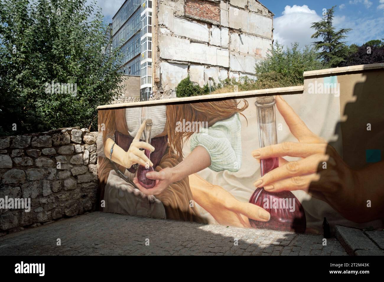 Street art intitulé 'El Callejón de las Brujas' par les artistes urbains Christian Fernandez Vicario et Christian Saldaña. Burgos, Espagne. Banque D'Images