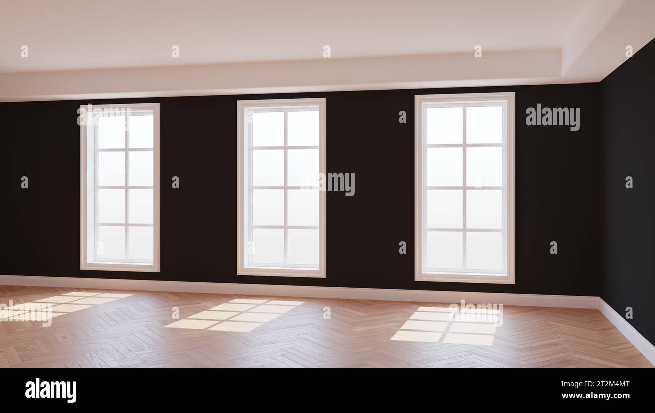 Chambre ensoleillée de la chambre noire avec trois grandes fenêtres, parquet brillant clair à chevrons et un Plinth blanc. Beau concept de la chambre vide. Rendu 3D, Ultra HD 8k, 7680x4320, 300 dpi Banque D'Images