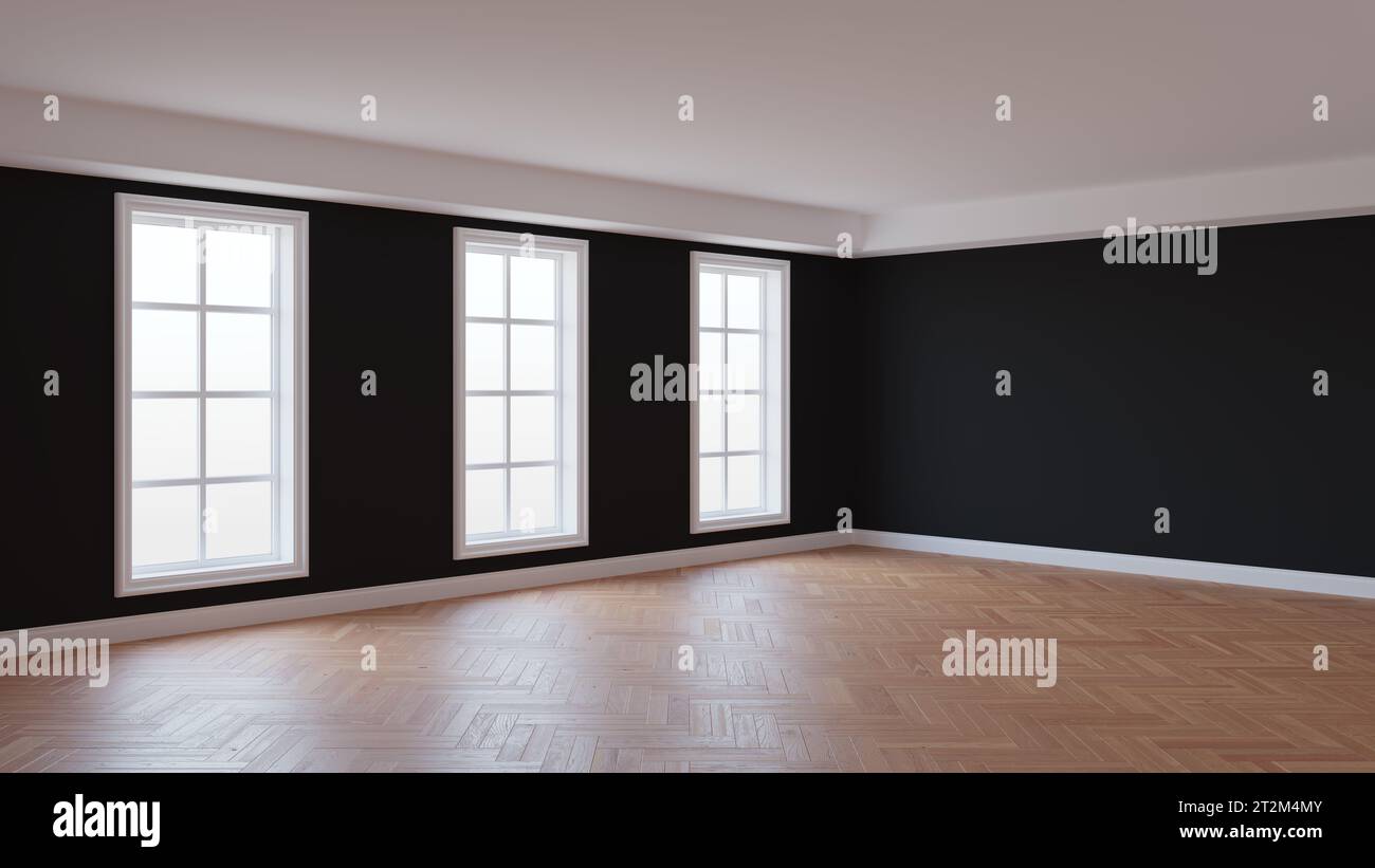 Intérieur vide de la chambre avec murs en stuc noir, trois grandes fenêtres, parquet brillant à chevrons et un Plinth blanc. Concept de l'intérieur non meublé. Rendu 3D, Ultra HD 8k, 7680x4320 Banque D'Images