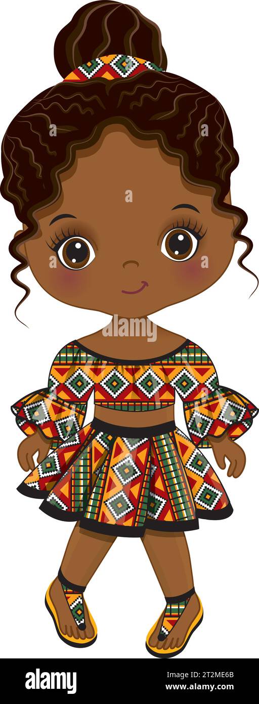 Vector Cute petite fille noire en Kente Blouse et jupe Illustration de Vecteur