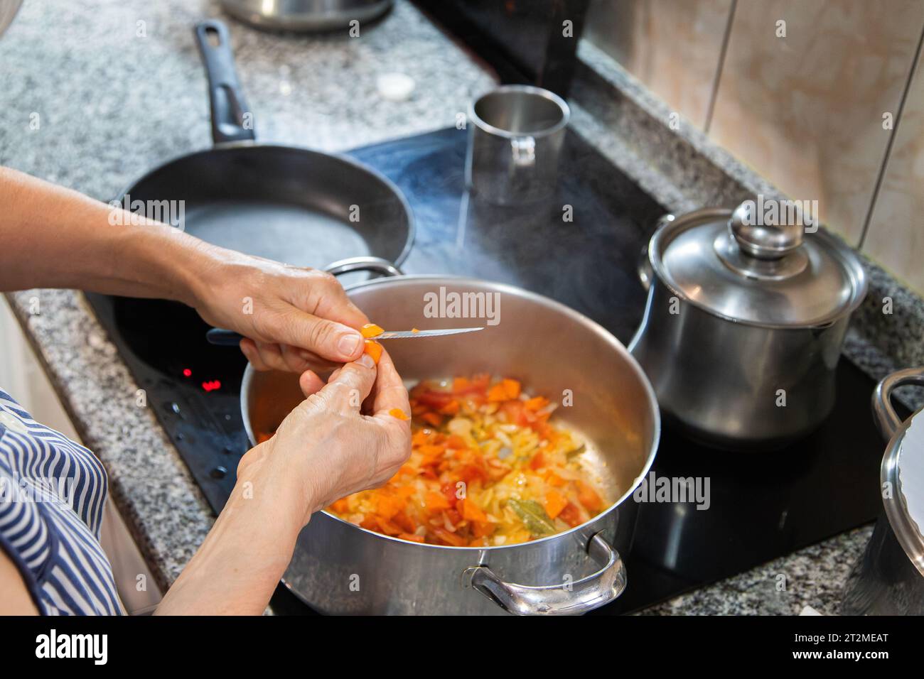 Détail d'une personne cuisinant des aliments sur la table de cuisson électrique avec des casseroles et coupant les aliments pour faire le ragoût. Concept ménage, cuisine à la maison. Banque D'Images