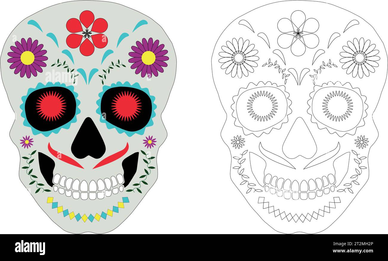 Dia Los Muertos, jour des morts ou Halloween mexicain. Les décorations avec des fleurs peuvent être utilisées pour la peinture. Fond d'illustration vectorielle de crâne. Illustration de Vecteur