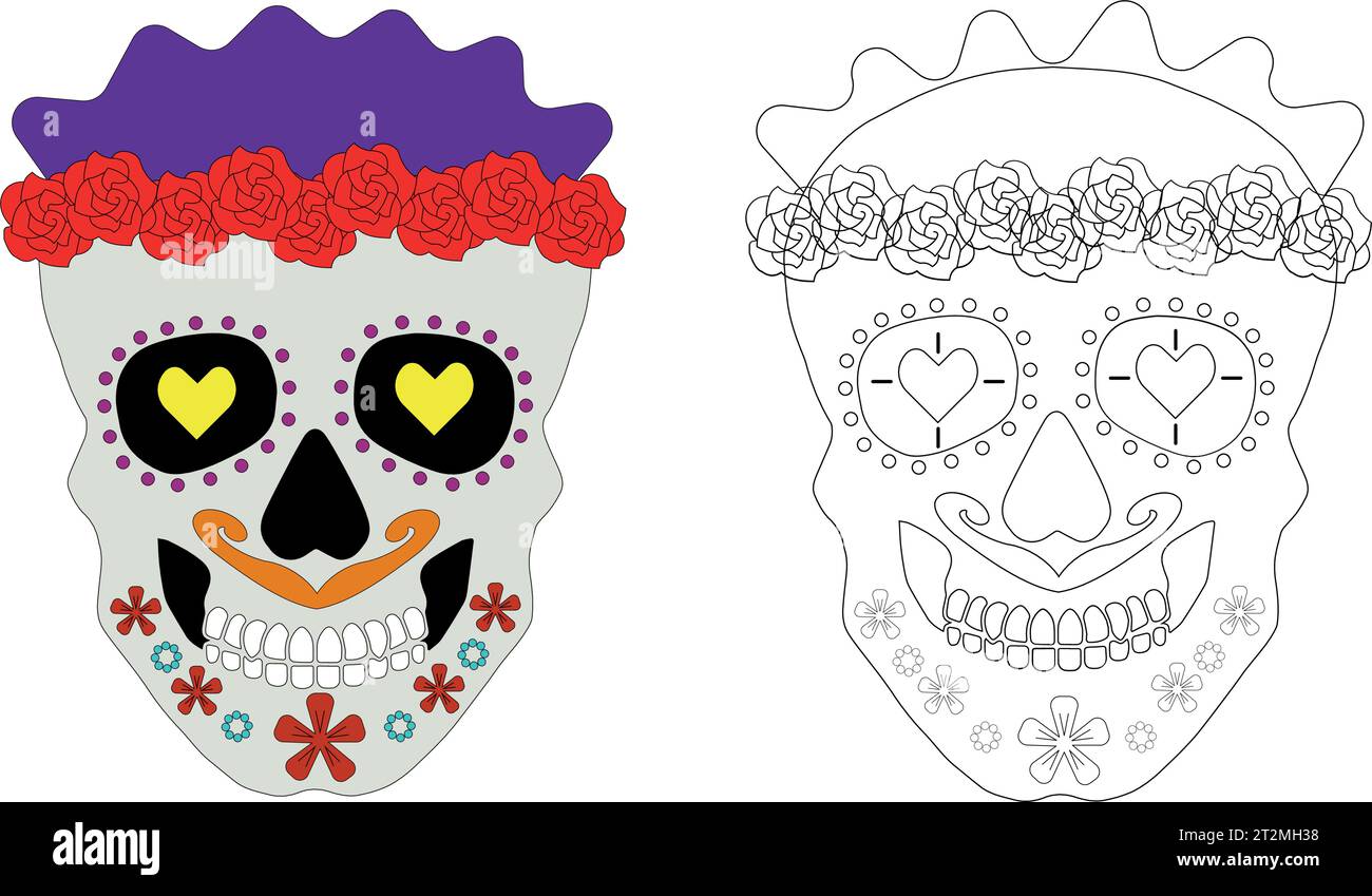 Dia Los Muertos, jour des morts ou Halloween mexicain. Les décorations avec des fleurs peuvent être utilisées pour la peinture. Fond d'illustration vectorielle de crâne. Illustration de Vecteur