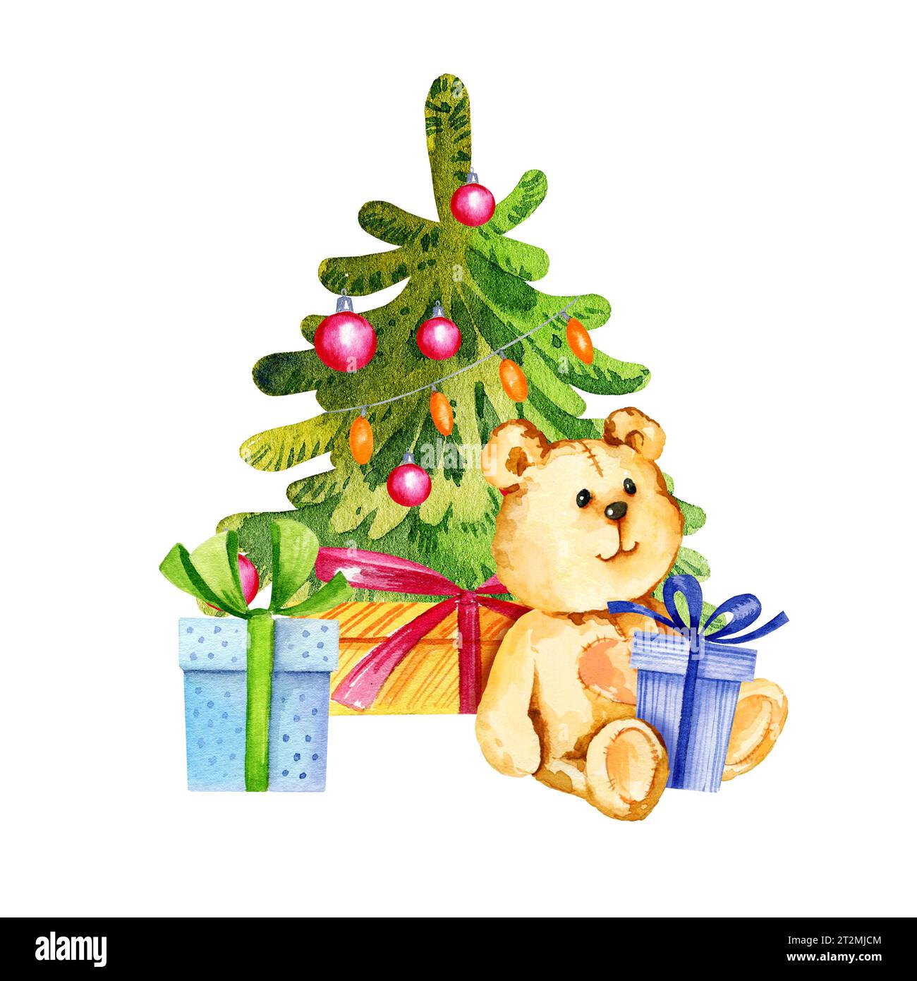 Composition d'aquarelle de thème de Noël avec un arbre de Noël avec des boules rouges, ours en peluche de dessin animé mignon et cadeaux, illustration d'événement d'hiver, main dra Banque D'Images
