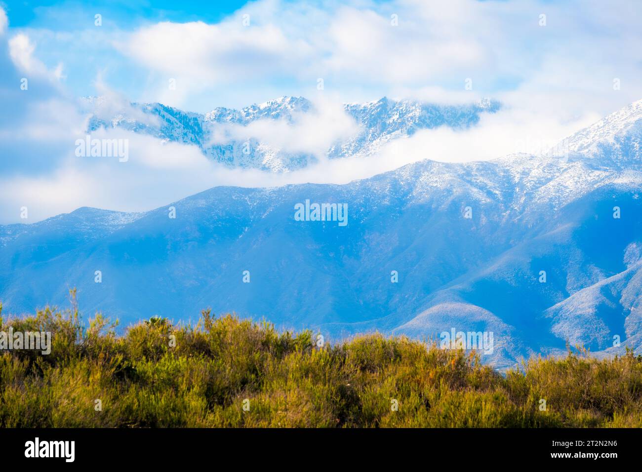 Trois zones de température visibles en herbe verte de premier plan, puis les contreforts et enfin, les sommets enneigés. Banque D'Images