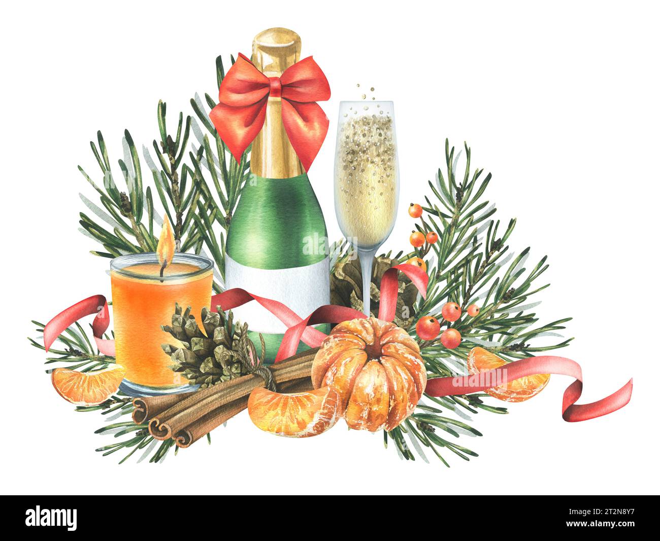 Mandarine avec des branches de sapin de Noël, une bouteille, une coupe de champagne, des pommes de pin et des épices. Illustration à l'aquarelle dessinée à la main. Composition isolée Banque D'Images