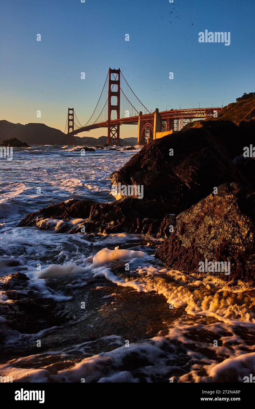Mer dorée sur un rocher noir sur la rive avec Golden Gate Bridge à distance Banque D'Images