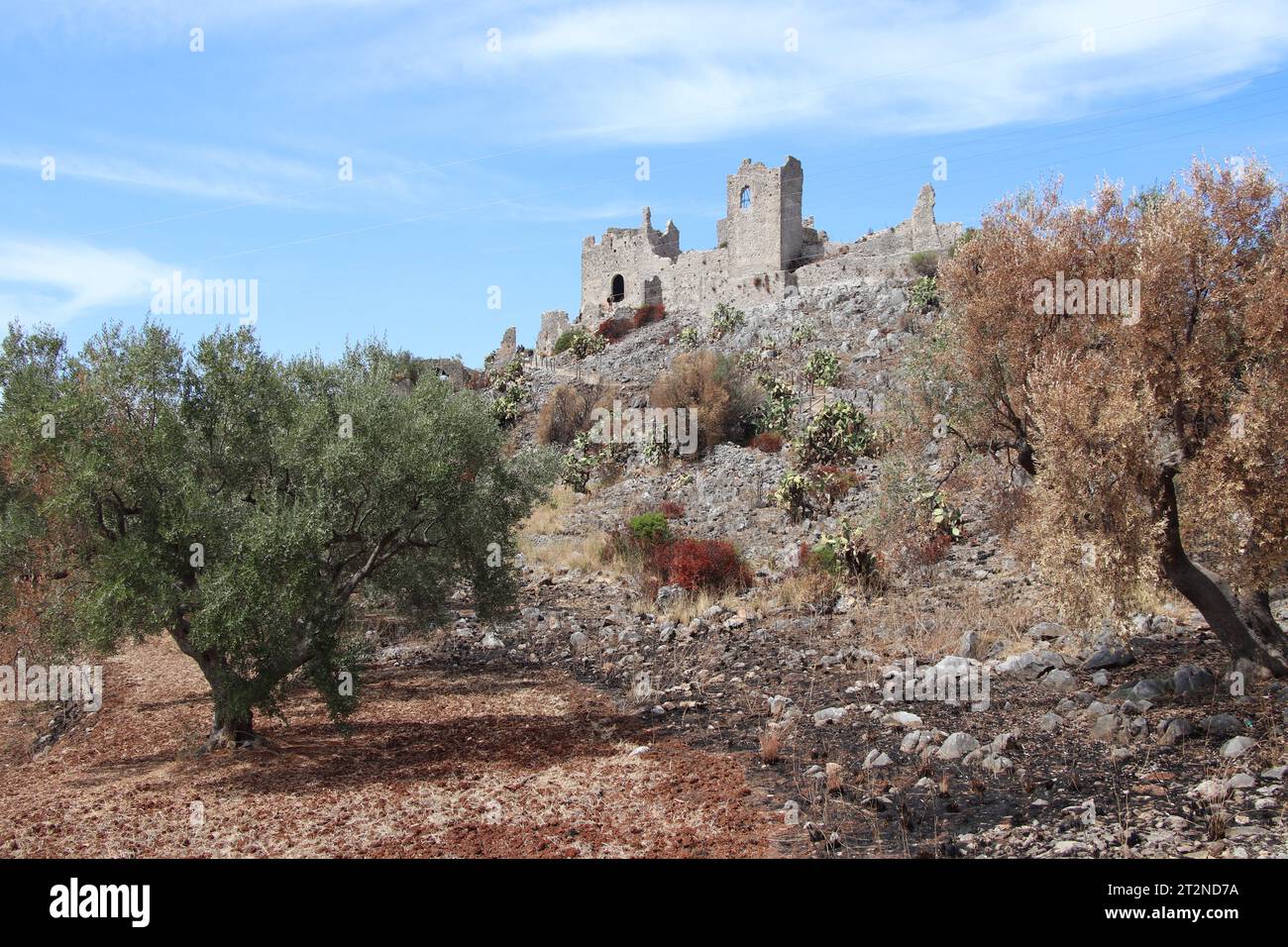 Un aperçu des ruines du Mausolée de Tredoliche. Paysage des ruines de Cirella, un village abandonné depuis un siècle dans la région de Calabre. Banque D'Images