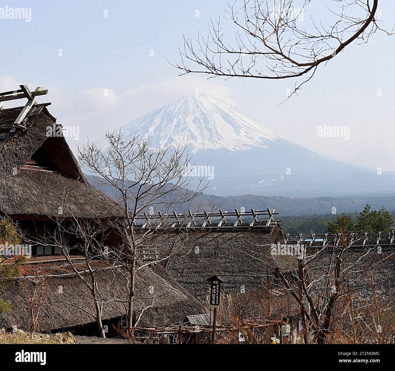 Mont Fuji avec maisons traditionnelles Banque D'Images