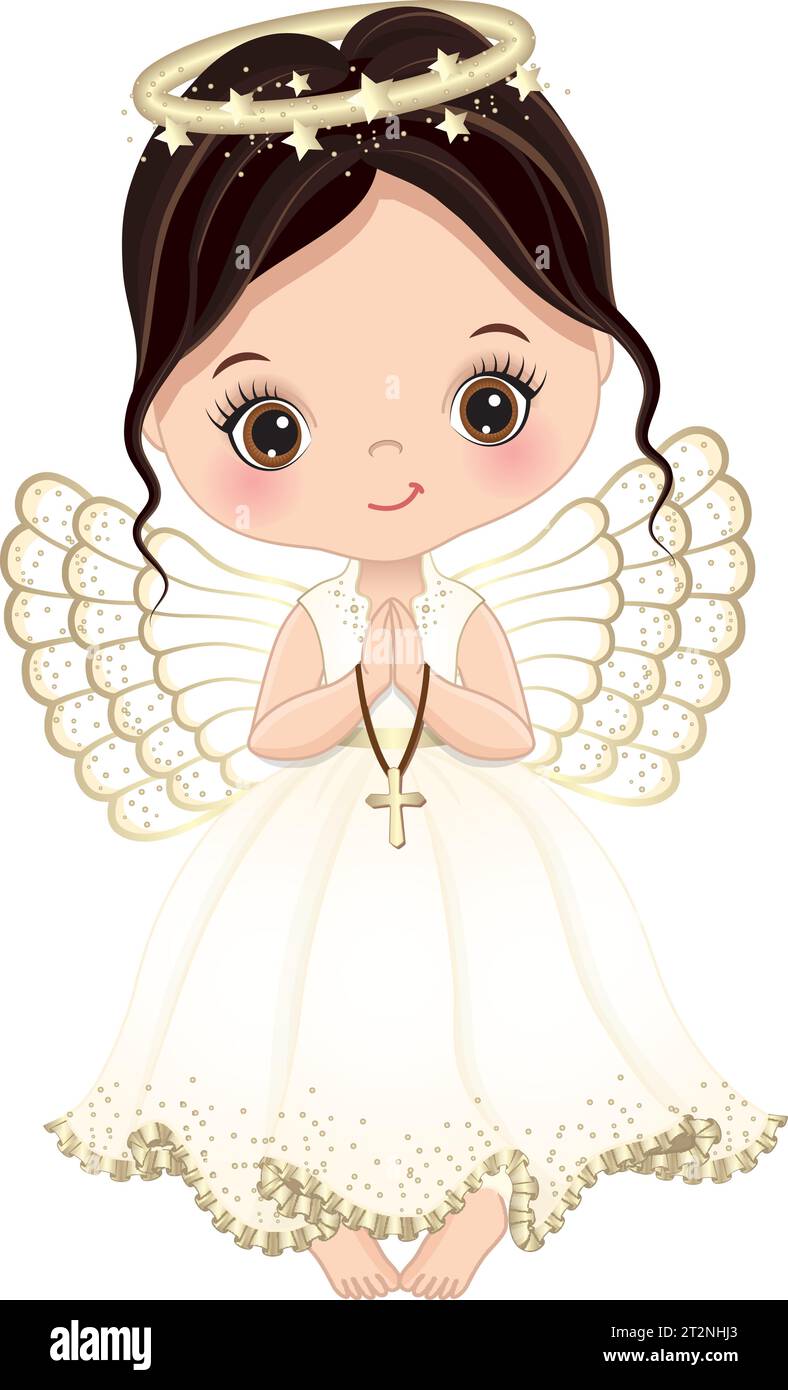 Nativité Cute Angel Girl tenant la croix. Vector Angel petite fille Illustration de Vecteur