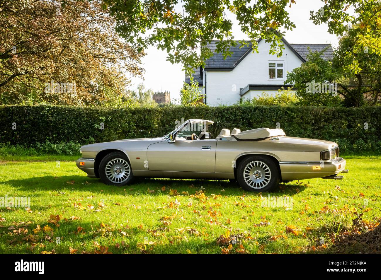 Décapotable Jaguar XJS avec top down dans un champ de campagne en automne Banque D'Images