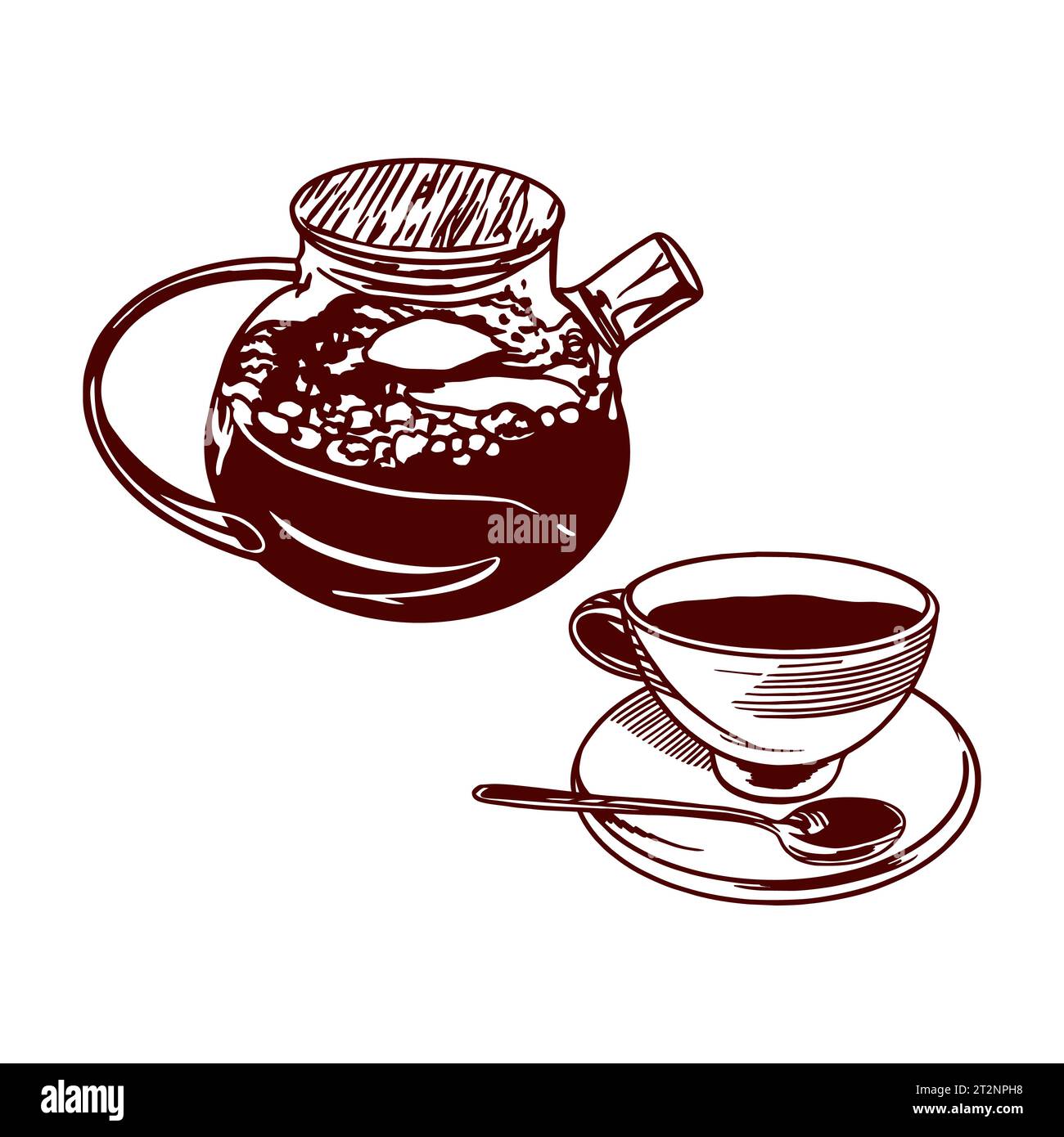 Tasse de thé et théière. Illustration vectorielle de la nourriture dans le style graphique. Élément de conception pour les menus de restaurants, cafés, snack-bars, étiquettes alimentaires, couvertures. Illustration de Vecteur