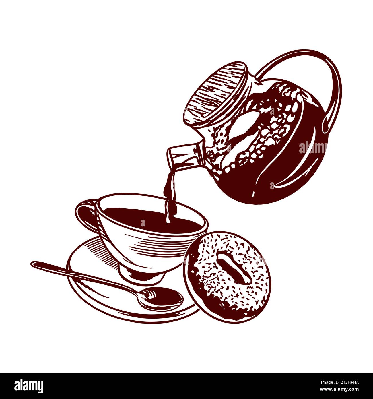 Tasse de thé, théière et beignet. Illustration vectorielle de la nourriture dans le style graphique. Menus de restaurants, cafés, snack-bars, étiquettes alimentaires, couvertures. Illustration de Vecteur