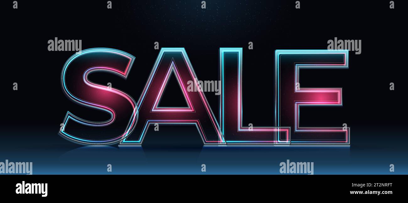 Bannière de vente 3D avec éclairage au néon. Lettres en verre avec étincelles et fond d'hiver. Décoration de vacances. Élément pour affiche de design, advertisign Illustration de Vecteur