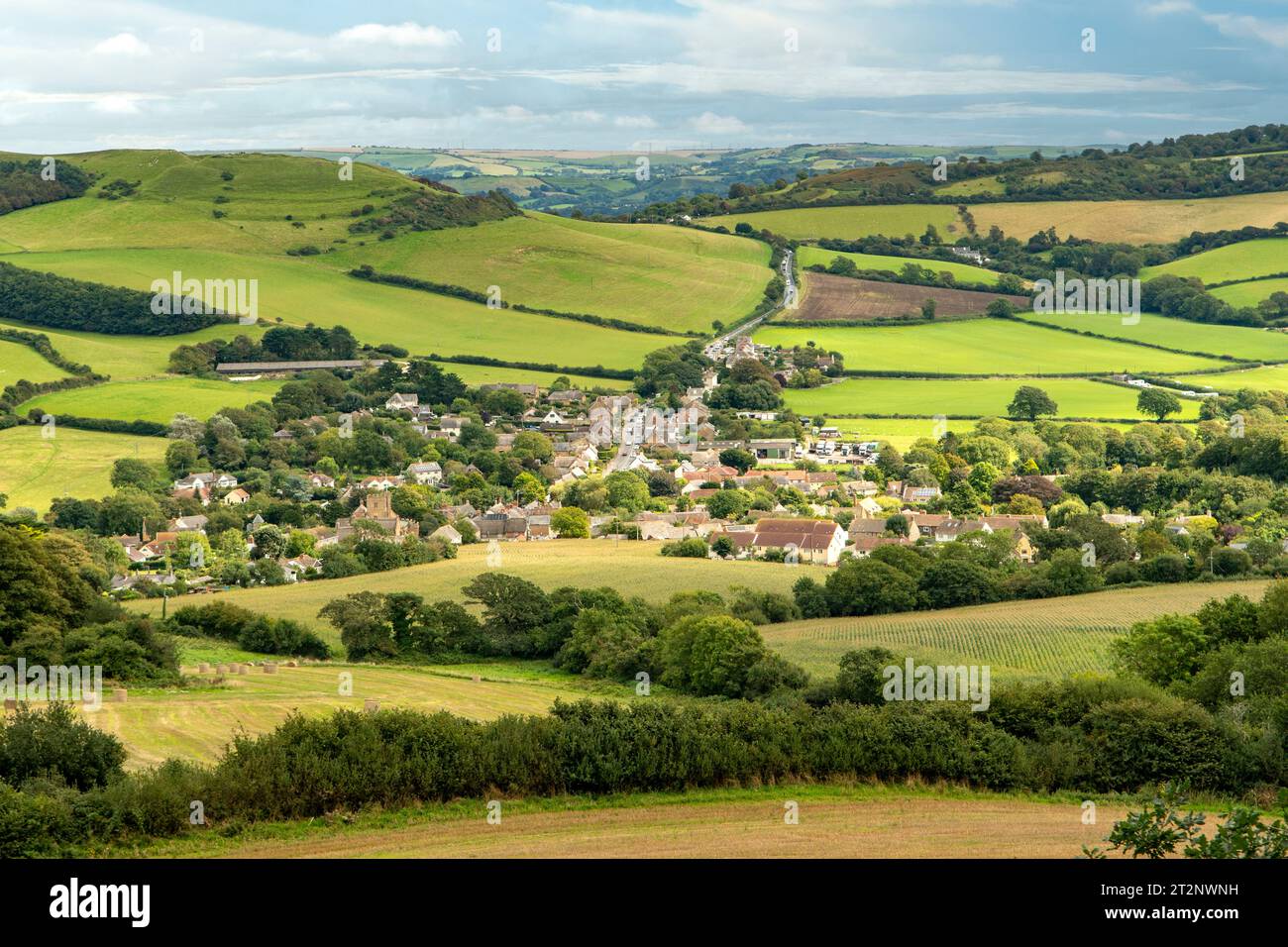 Vue de Chideock depuis Langdon Hill, près de Lyme Regis, Dorset, Angleterre Banque D'Images